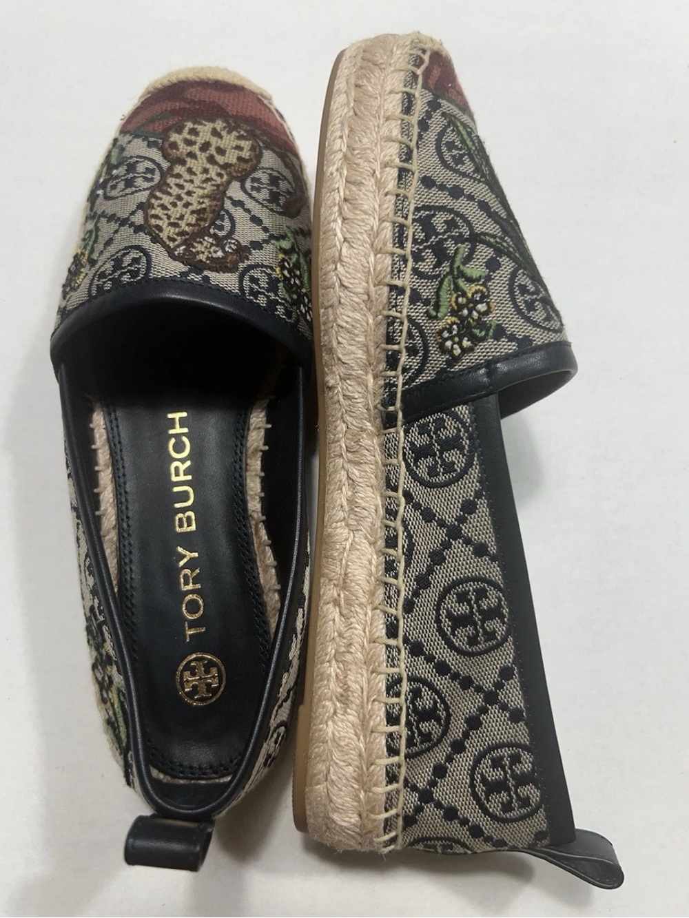 Tory Burch T Monogram Navy Leopard Printed Platform Espadrilles Size: 7